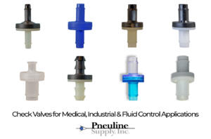 Assortment of plastic check valves in different colors arranged in a grid, for medical and industrial fluid control applications.